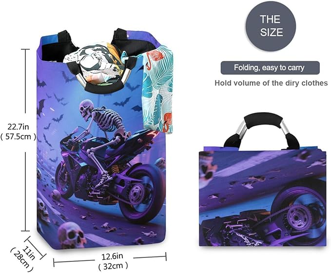 Skeleton Motorcycle Laundry Basket for College Dorm,50L Collapsible Portable Laundry Hamper Storage Basket for Toys Clothes Organizer