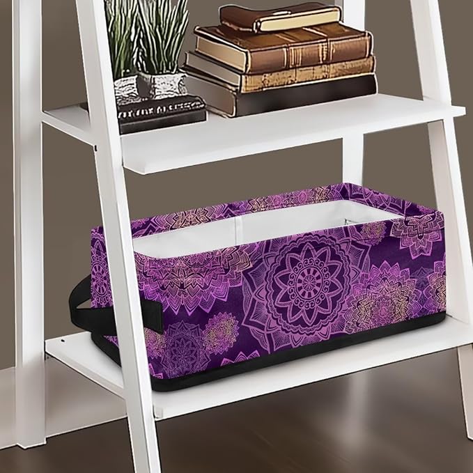 Bathroom Storage Bins Collapsible Rectangular Basket Versatile Cabinet Organizer Modern Fabric Toilet Paper Basket for Home Living Room Office Decor, Dark Violet Boho Flower