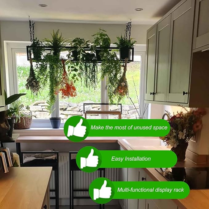 Metal Ceiling Plant Shelf with Ceiling Iron Chain Ceiling Mounted Storage Racks/Shelving for Bars Restaurants Kitchens - Decor Stand/Floating Organizer Shelves(120x25x15cm)