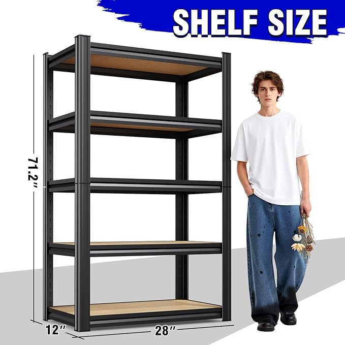 2 Pack Heavy Duty Garage Shelving - 1900 LBS Capacity 5-Tier Metal Storage Shelves, 71"H x 28"W x 12"D Adjustable Steel Utility Rack, Compact Storage Shelf for Pantry, Closet, Basement, Shed - Black