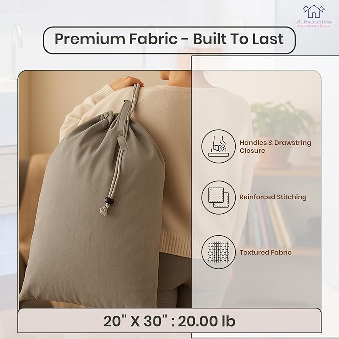 LFH Home Cotton Canvas Large Laundry Bag with Handle, Heavy Duty Drawstring Closure Washable Laundry Bags, School Travel, Home, Hotel, College Dorm, Organizer Sack, Toys 20x30-Grey