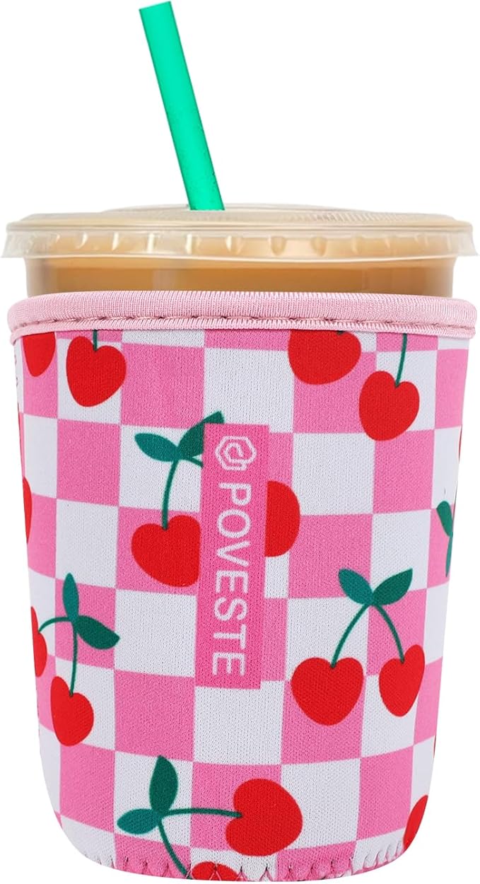 Reusable Neoprene Insulator Sleeve for Iced Coffee & Cold Soda, Coffee Sleeves for Iced & Hot Drinks, Cold Beverage Cooler Compatible with Starbucks, Dunkin (Pink Checkerboard&Cherry, Small: 16-18oz)
