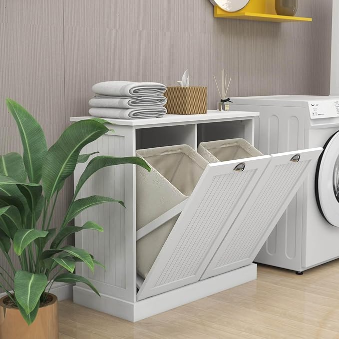 Two-Compartment Tilt-Out Laundry Sorter Cabinet with Removable Bags, E1 MDF Construction, UV Painted Finish, 32.68" L x 31.5" H, 100 Lbs Capacity, White