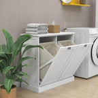 Two-Compartment Tilt-Out Laundry Sorter Cabinet with Removable Bags, E1 MDF Construction, UV Painted Finish, 32.68" L x 31.5" H, 100 Lbs Capacity, White