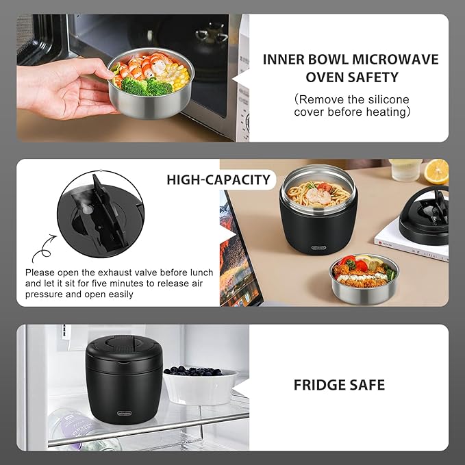 Thermo Food Jar for Hot Food Adults 32OZ Soup Thermo Lunch Containers Wide Mouth Vacuum Insulated Stainless Steel Leakproof Bento Box with Spoon (Black)