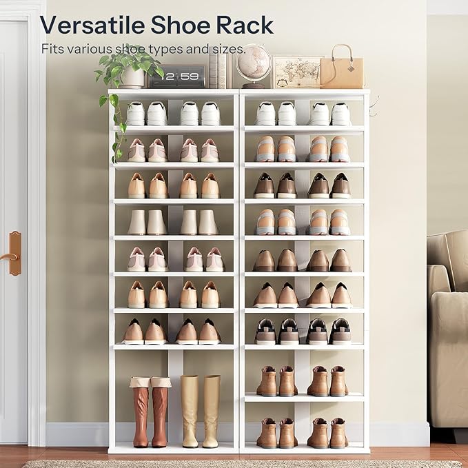 HOOBRO 10 Tiers Vertical Shoe Rack, Wooden Shoe Storage Organizer with Hooks, Narrow Shoe Tower for 20 Pairs, Space Saving, for Entryway, Living Room, Bedroom, White WT140XJ01