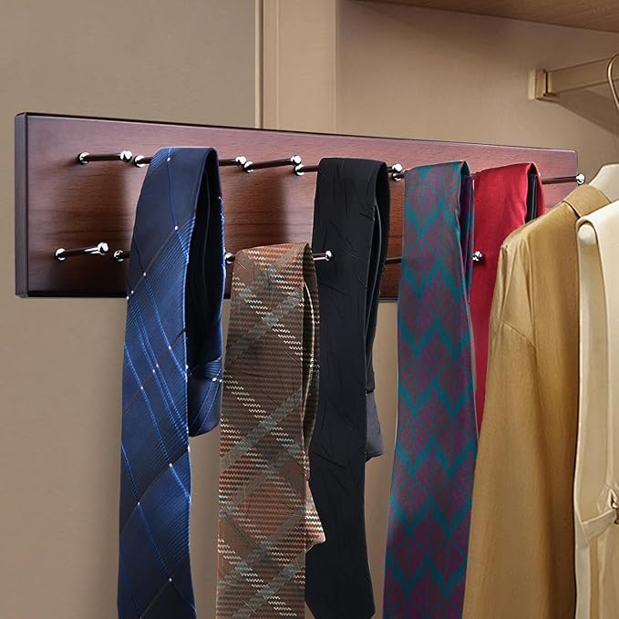 Wood Pull Out Belt Rack for Closet, 21 Tie Hanger Extending Sliding Tie Rack Hanger, Side Mount Sliding Rail Organizer Storage Rack Holder with 21 Hooks for Ties Scarves Belts Shawls, Wooden