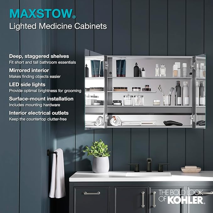 Kohler 81147-SLE-DA1 Maxstow Frameless Medicine Cabinet Mirror with Lights, LED Light, Mirror Door & Staggered Shelves, Rectangular Frame, 17 in. W x 40 in. H
