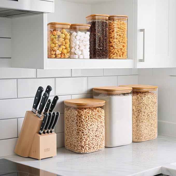 ComSaf Glass Food Storage Containers, 3.6Qt/1.2Qt Glass Flour and Sugar Containers with Airtight Lids, Large Square Jars with Bamboo Lids for Rice, Pasta, Oats, Grains, Cookies, Snacks, Candy