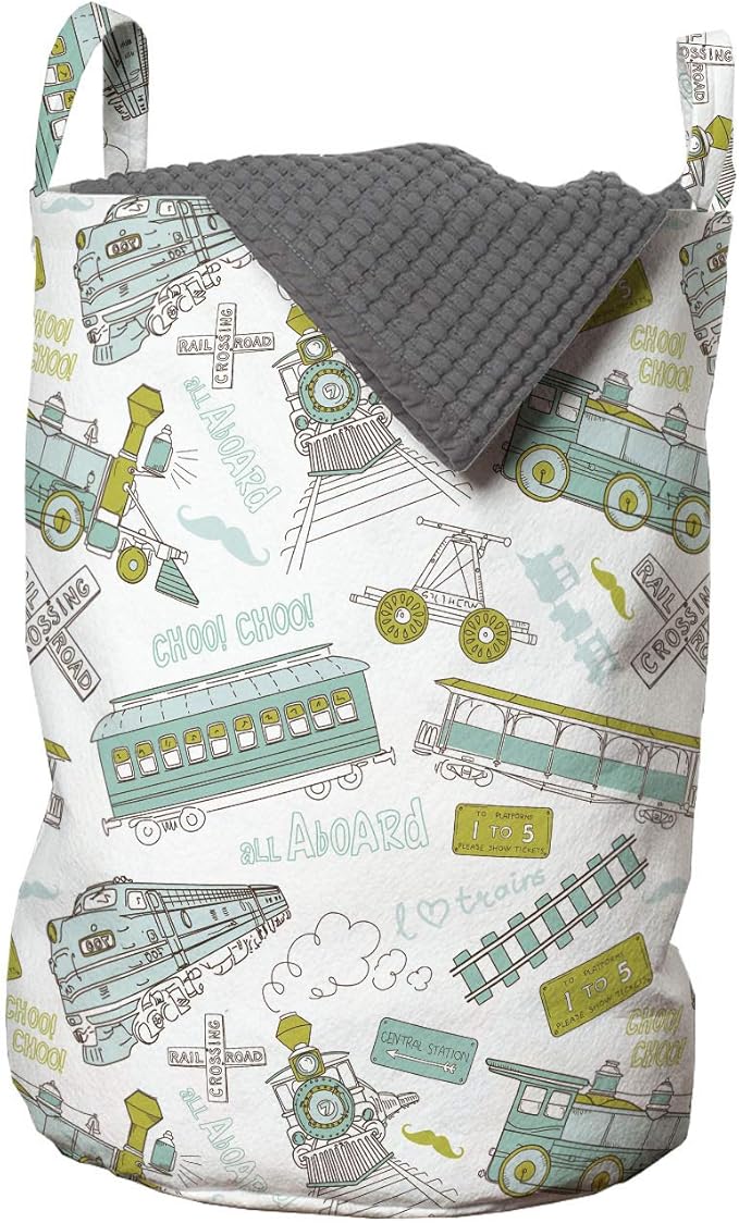 Ambesonne Steam Engine Laundry Bag, Choo Choo Train Pattern and Number Signs Vintage Travel Theme Print, Hamper Basket with Handles Drawstring Closure for Laundromats, 13" x 19", Apple Green Turquoise