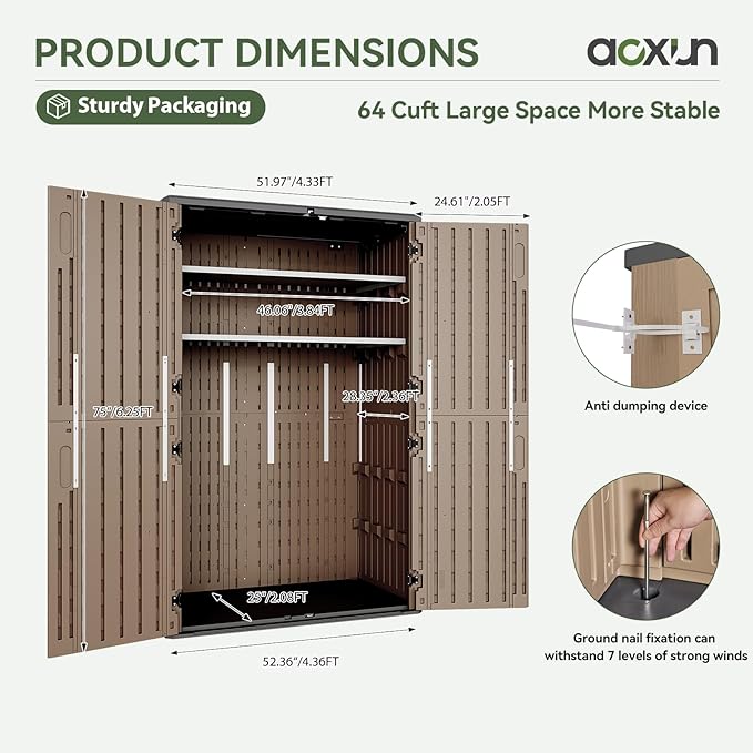 Aoxun Outdoor Storage Shed with 2 Shelves & Floor, 64 Cu.Ft Large Outdoor Storage Cabinet, Waterproof Vertical Resin Shed for Garden Tools, Pool Equipment, Brown
