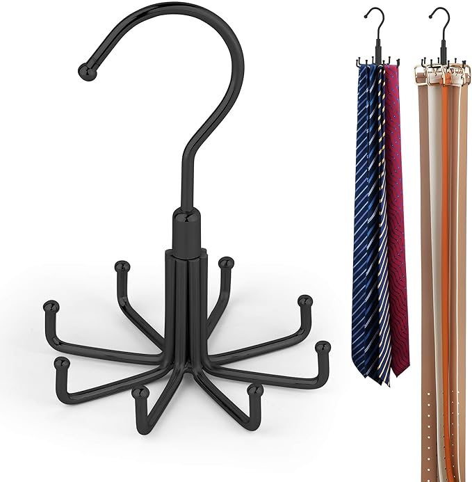 ZEDODIER Tie Hanger for Closet, Rotatable Tie Organizer for Men with 8 Hooks, Heavy Duty Space Saving Tie Rack for Ties and Belts, Black