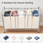 STORAGE MANIAC 5 Section Laundry Sorter, 5 Bins Rolling Separator Laundry Basket, Dirty Clothes Hamper Divider with Heavy Duty Rolling Lockable Wheels, Large Clothes Organizer Cart, Beige
