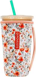 Reusable Neoprene Insulator Sleeve for Iced Coffee & Cold Soda, Coffee Sleeves for Iced & Hot Drinks, Cold Beverage Cooler Compatible with Starbucks, Dunkin (Flower Power, Large: 32oz)
