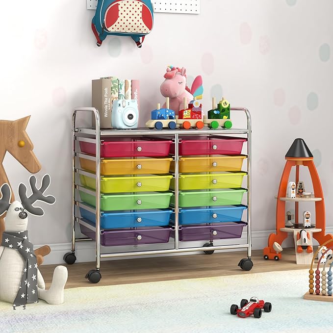 GOFLAME 12-Drawer Rolling Storage Cart, Multifunctional Art Craft Organizer Cart, Mobile Utility Storage Cart with Removable Drawers & Lockable Wheels, Craft Cart for Home Office School, Rainbow