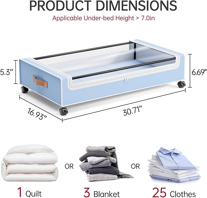 Yecaye Under Bed Storage with Wheels, 2 Pack Under Bed Storage Containers, 60L Underbed Shoe Storage with Clear Window & Label, Rolling Under Bed Metal Drawer for Clothes, Shoes, Books, Blankets, Blue