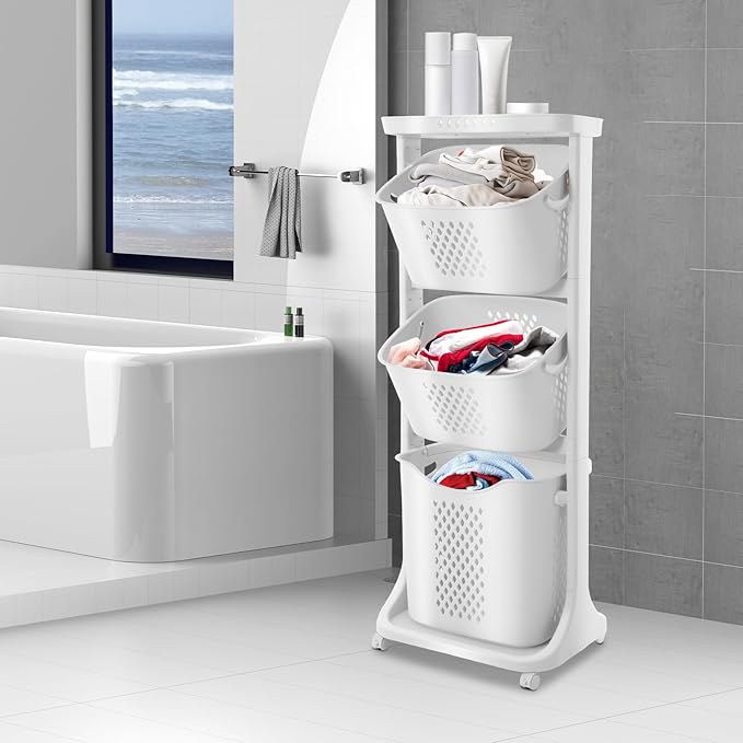 3 Tier Laundry Hamper Basket Sorter Portable Rolling Cart Clothes Storage Porous Design With Wheels, For Clothes, Toiletries, Bathrooms, Laundry Rooms, Bedrooms, White