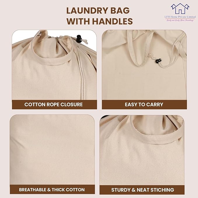 LFH Home Large Premium 100% Cotton Canvas Extra Large Laundry Bag with Drawstring and Handles Heavy Duty, Multi-Use, and Washable for Home, Travel, College or Storage 28x40 (Pack of 2)-Natural