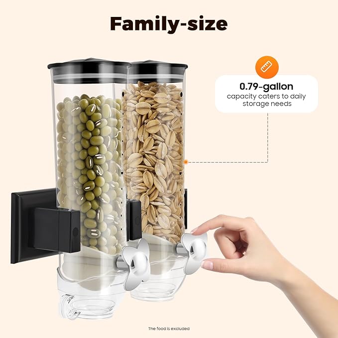Wall-mounted Food Dispenser, 3L 2 Buckets Coffee Bean Candy Rice Dispenser, Dry Food Dispenser Cereal Dispenser Grain Storage Dispenser for Home, Kitchen, Countertop, Cutlery Rack (Black)