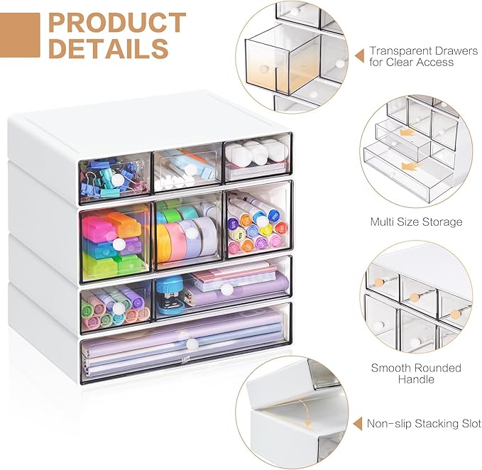 Desk Storage Organizer with 9 Drawers, 4 Tiers Stackable Desktop Craft Storage Drawers, Clear Storage Box Caddy for Stationary Makeup Jewelry Office Craft Supplies (White)