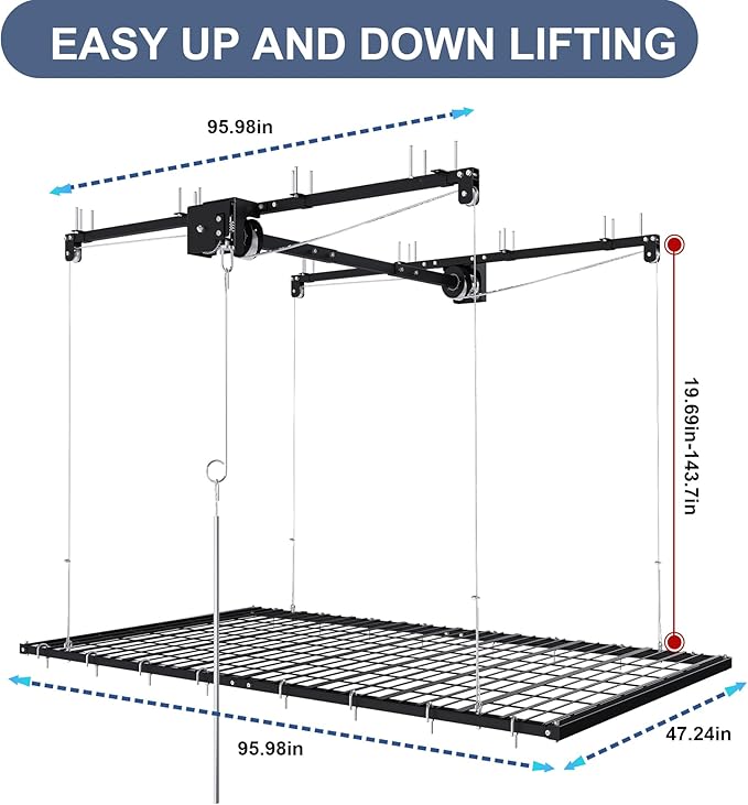 4x8 FT Overhead Garage Storage Rack for Ceilings, Heavy-Duty Metal Adjustable Ceiling Storage Racks with Safety Lock, 270LBS Mounted Rack, All-Steel Garage Organizer (4x8 FT)