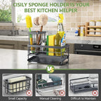 Cisily Sink Caddy Sponge Holder for Kitchen with Brush Holder and Stainless Steel Self Drain Tray, Rustproof Kitchen Sink Organizer for Sponge, Soap Dispenser Storage Accessories (Gray)