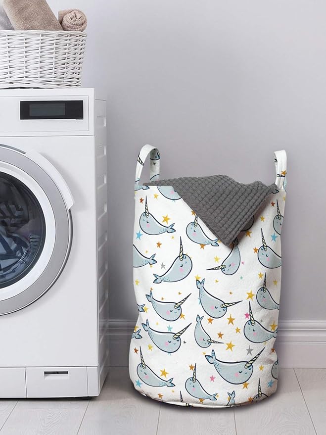 Ambesonne Narwhal Laundry Bag, Unicorn of The Oceans Pattern in Cartoon Style Composition Colorful Design, Hamper Basket with Handles Drawstring Closure for Laundromats, 13" x 19", Grey Gold