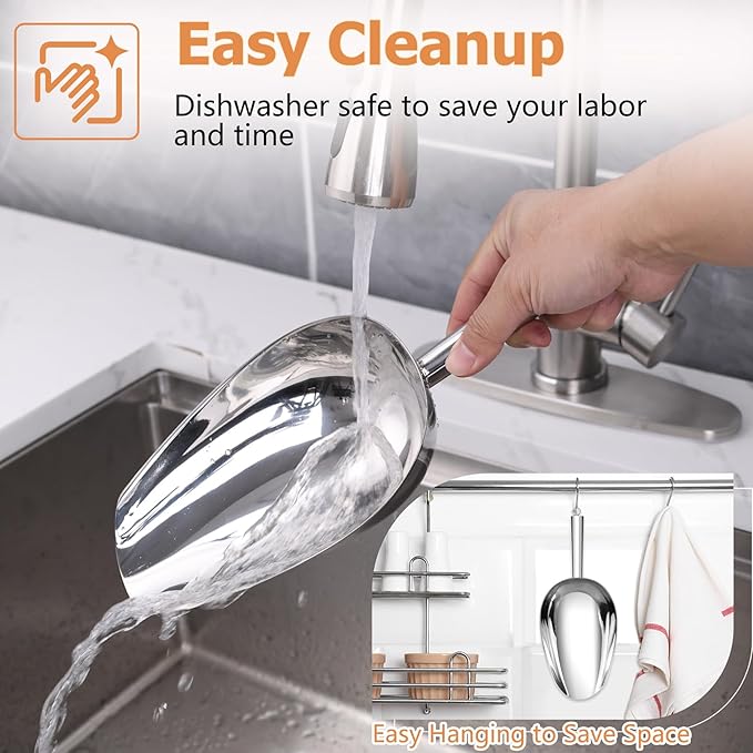 TeamFar Ice Scoop 24 oz, Stainless Steel Big Large Scoop, for Sweet Food Popcorn Flour, Healthy & Heavy Duty - Dishwasher Safe