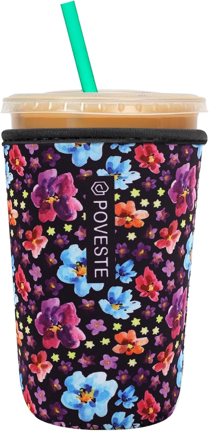 Reusable Neoprene Insulator Sleeve for Iced Coffee & Cold Soda, Coffee Sleeves for Iced & Hot Drinks, Cold Beverage Cooler Compatible with Starbucks, Dunkin (Purple Garden, Medium: 22-24oz)