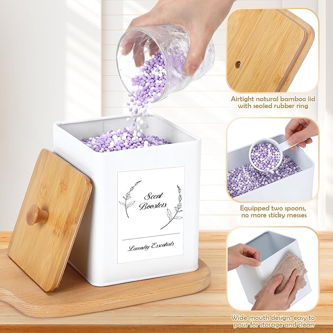 Vesici 3 Pcs Metal Laundry Pod Container 2 Pcs Scoops Dryer Sheet Holder Laundry Room Organizer Storage Jar with Airtight Wood Lid Label for Powder Detergent Dispenser Dryer Ball Bead Room Decor