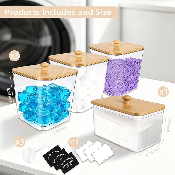 Laundry Pods Container & Dryer Sheet Holder, 4Pack Laundry Room Organization and Storage, Laundry Detergent Power Container with Bamboo Lids, 24 Labels, Scoop