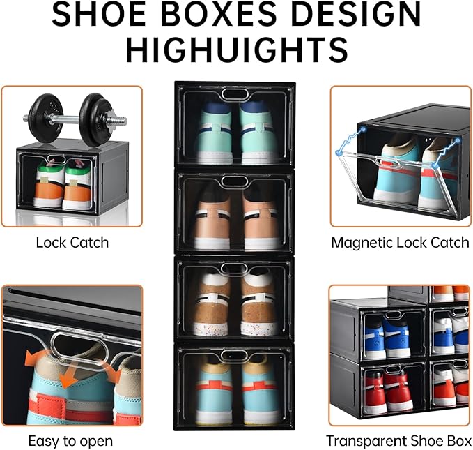 12 Pack Large Shoe Storage Box, Clear Shoe Storage Organizer with Magnetic Door, Stackable,Shoe Containers For Display Sneakers, Easy Assembly, Fit up to US Size 12, Black