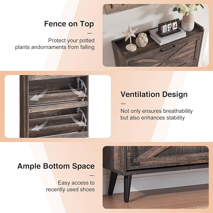 Shoe Storage Cabinet,Farmhouse Shoe Organizer with 2 Flip Drawers & Barn Door Design,Freestanding Hidden Slim Narrow Shoe Rack Cabinet for Entryway,Foyer,Hallway,Dark Oak