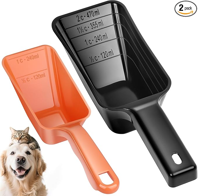 2 Pack Dog Food Scoop with 1 Cup and 2 Cup Capacity, Plastic Pet Food Measuring Scoops with Clear Measurement Lines for Dogs, Cats & More,Dishwasher safe (Orange and Black)
