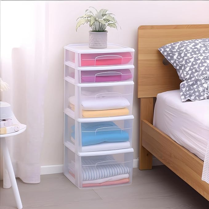 HOMZ 5-Drawer Storage Cart, Clear Plastic Drawers, 14.25" Wide Medium, White Frame - Organizing Drawer Containers for Home, Bathroom, Bedroom, Office, and Classroom