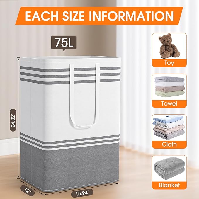 2 Pack Large Laundry Baskets, Laundry Hampers, Freestanding Waterproof Collapsible Clothes Bag with Extended & Reinforced Handles - Clothes Basket for Dorm, Bathroom, Home (Light Grey/75L)