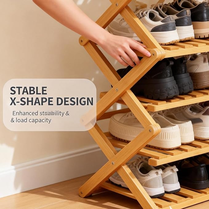 2/3/4/5/6/7/8/9 Tier Bamboo Folding Shoe Rack,2026 New Bamboo Foldable Shoe Rack,no Installation Required,Vertical Multi-Layered Organizer,Space-Saving for Entryways& Balconies (Brown, 8)