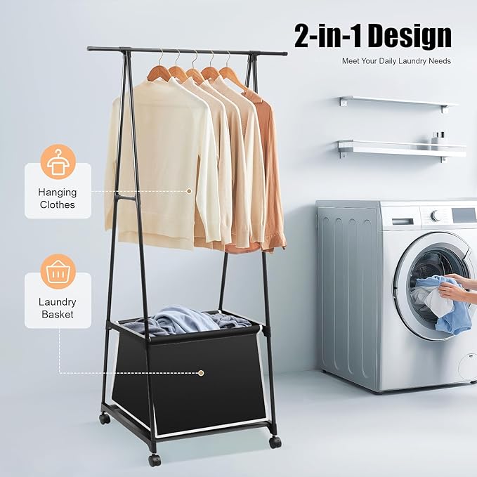 Laundry Cart with Hanging Rack, Metal Rolling Laundry Cart Laundry Hamper with Fabric Storage Basket Clothes Rack with Lockable Wheels for Hanging Clothes & Storing Toys Hats (Black)