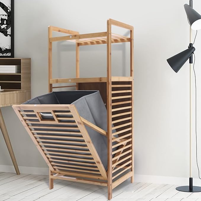 Bamboo Laundry Hamper with 2-Tier Shelves & Tilt Out Basket, Removable Clothes Basket Tower Organizer, Utility Laundry Sorter Cart Rolling with Clothes Hanging Rod for Bathroom