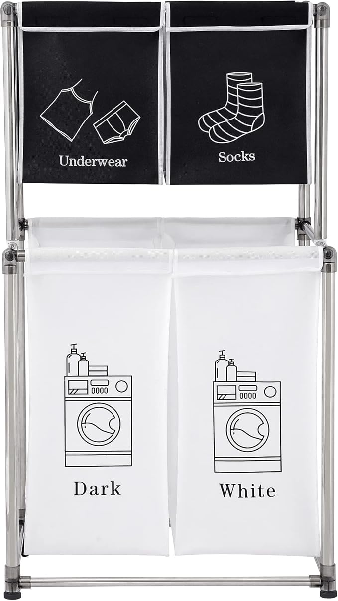 Laundry Hamper 2 Tier Laundry Sorter with 4 Removable Bags for Organizing Clothes, Laundry, Lights, Darks