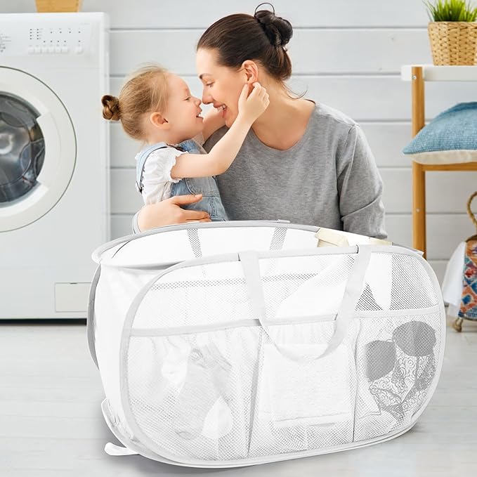 2 Pack Collapsible Laundry Baskets, Upgrade Pop Up Laundry Hamper with Convenient Bags, Foldable Laundry Basket Mesh Light Weight, Easy to Carry Clothes Hampers for Laundry, Dorm, Toys, Travel White