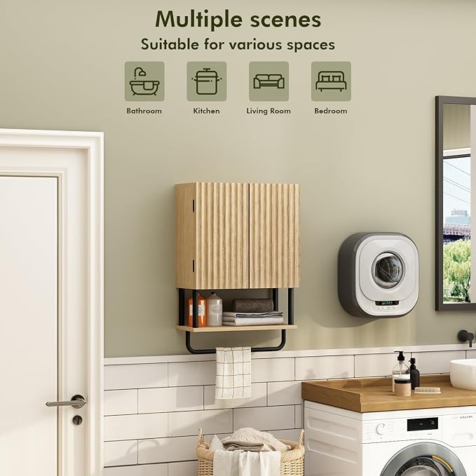 RUSTOWN Farmhouse Bathroom Wall Cabinet with 2 Door, 3-Tier Curved Profile Wooden Medicine Cabinet, Wall Mounted Storage Cabinet with Adjustable Shelf and Towel Bar (Natural, Small)