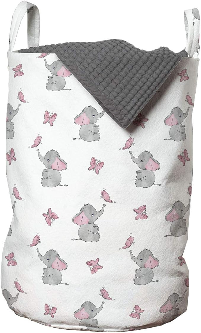 Ambesonne Animal Cartoon Laundry Bag, Playing Butterflies Design Pattern, Hamper Basket with Handles Drawstring Closure for Laundromats, 13" x 19", Grey Pink