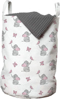 Ambesonne Animal Cartoon Laundry Bag, Playing Butterflies Design Pattern, Hamper Basket with Handles Drawstring Closure for Laundromats, 13" x 19", Grey Pink
