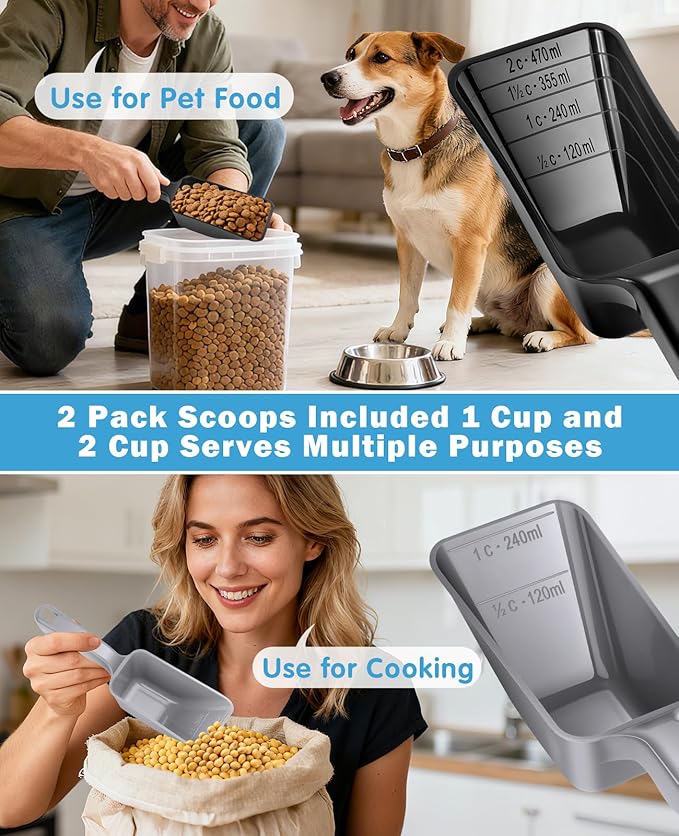 2-Pack Dog Food Scoop Set,1 Cup and 2 Cup Plastic Pet Food Measuring Scoops with Clear Measurement Lines,Multi-Purpose Pet Food Scooper for Dogs, Cats (Grey and Black)