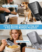 2-Pack Dog Food Scoop Set,1 Cup and 2 Cup Plastic Pet Food Measuring Scoops with Clear Measurement Lines,Multi-Purpose Pet Food Scooper for Dogs, Cats (Grey and Black)