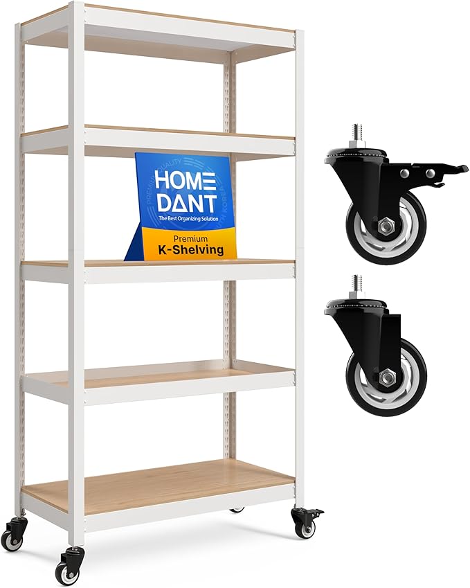 HOMEDANT House 5 Tier Heavy Duty Garage Shelving Adjustable Metal Rack Storage Shelves Standing Shelf Unit Organizers Pantry Closet Office (1, White, (Wheels) 36.2" W x 16.2" D)