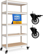 HOMEDANT House 5 Tier Heavy Duty Garage Shelving Adjustable Metal Rack Storage Shelves Standing Shelf Unit Organizers Pantry Closet Office (1, White, (Wheels) 36.2" W x 16.2" D)