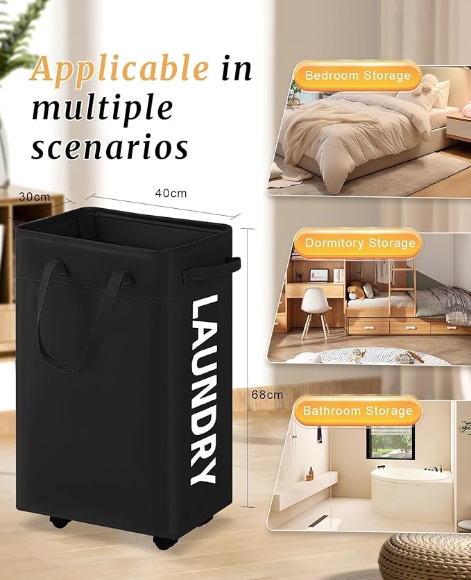 UULANFA Laundry Basket Wheels 75L with Removable Mesh Bag Waterproof Oxford Cloth Suitable for Bedroom Dormitory Clothing Storage Basket (Black*Gray)