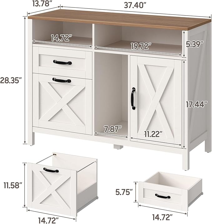 Lateral File Cabinet with 2 Drawers and Door, Farmhouse File Cabinet for A4/Letter Size Hanging Files, Large Wood File Storage Cabinets Printer Stand with Open Space for Home Office Furniture, White